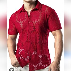 JOGAL Mens Floral Lace Shirt See Through Casual Button Down Shirts